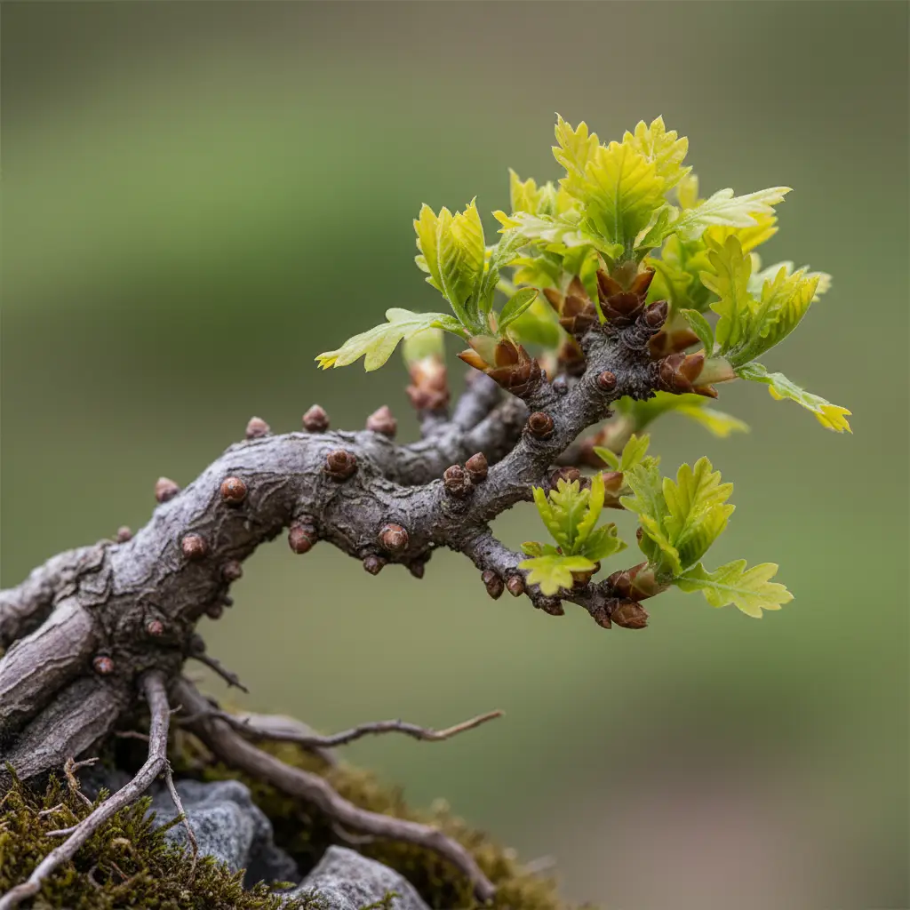 Oak Bonsai Pruning Techniques - Close-up of an oak b
