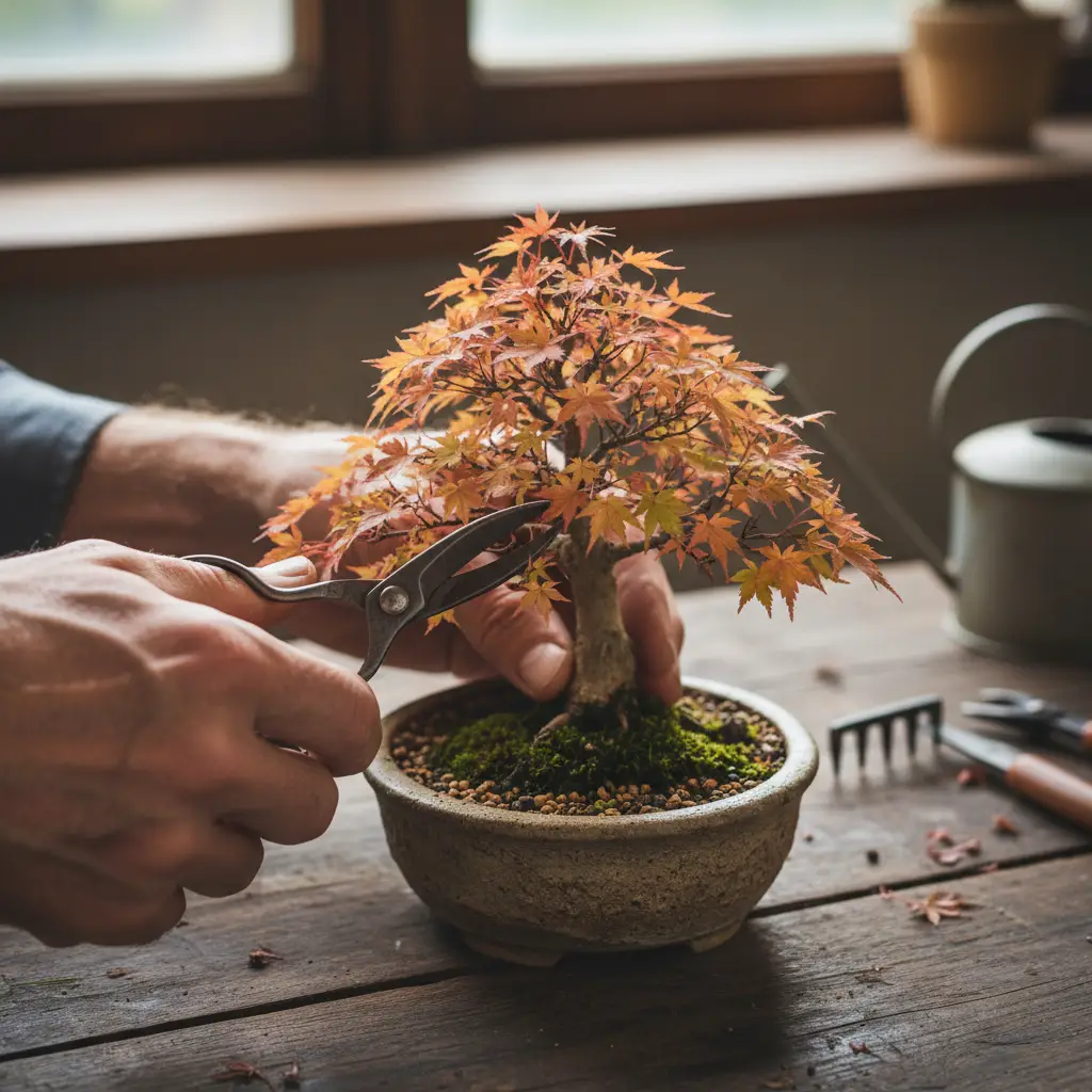 A close-up view of a young bonsai tree being pruned by a skilled hand