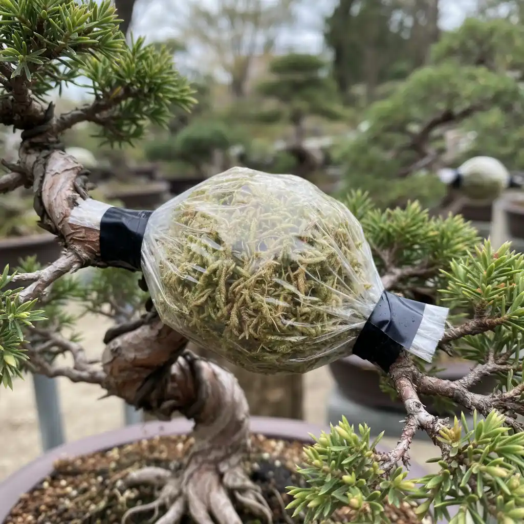 An air layering setup on a bonsai branch, showing sphagnum moss wrapped in plastic