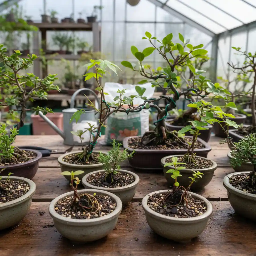A collection of small, newly propagated bonsai trees in various stages of growth