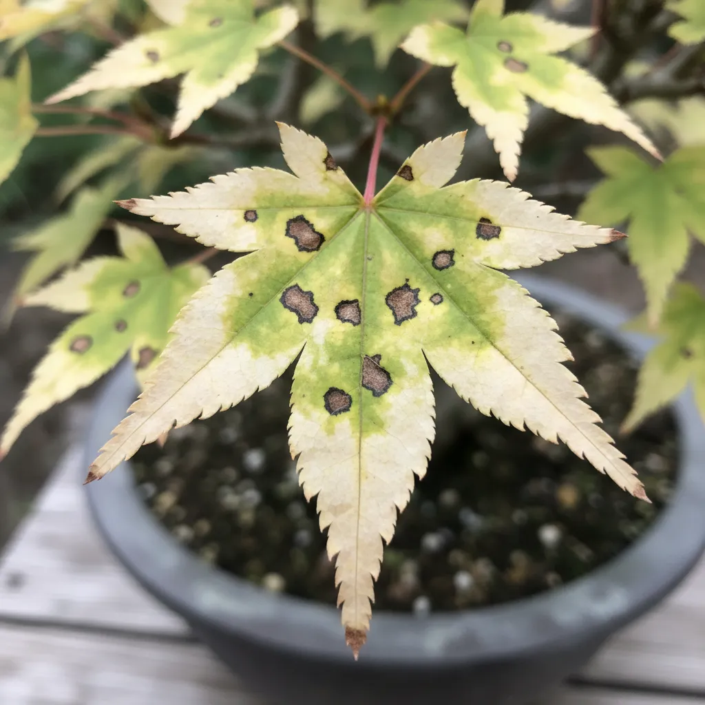 Bonsai leaf showing signs of nutrient deficiency
