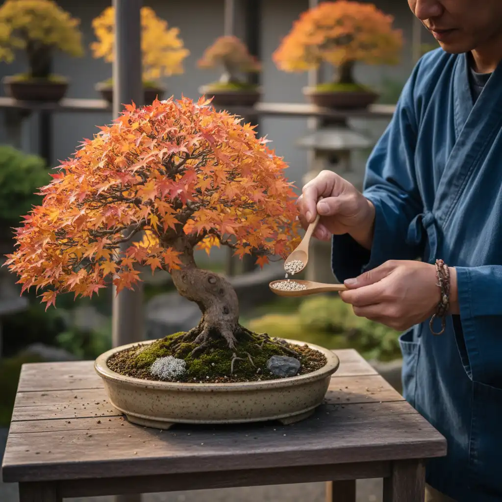 Bonsai enthusiast applying fertilizer