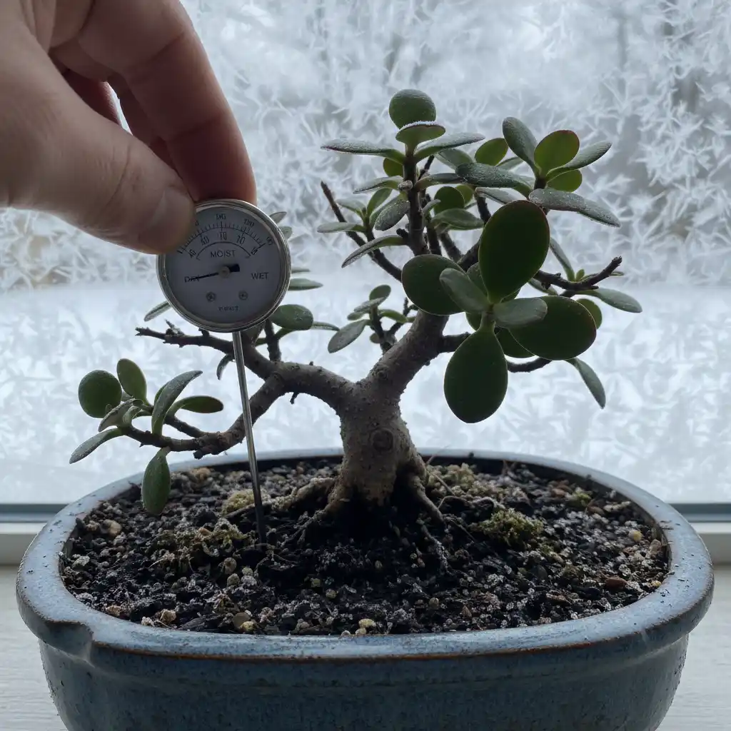 Inspecting Jade Bonsai soil moisture