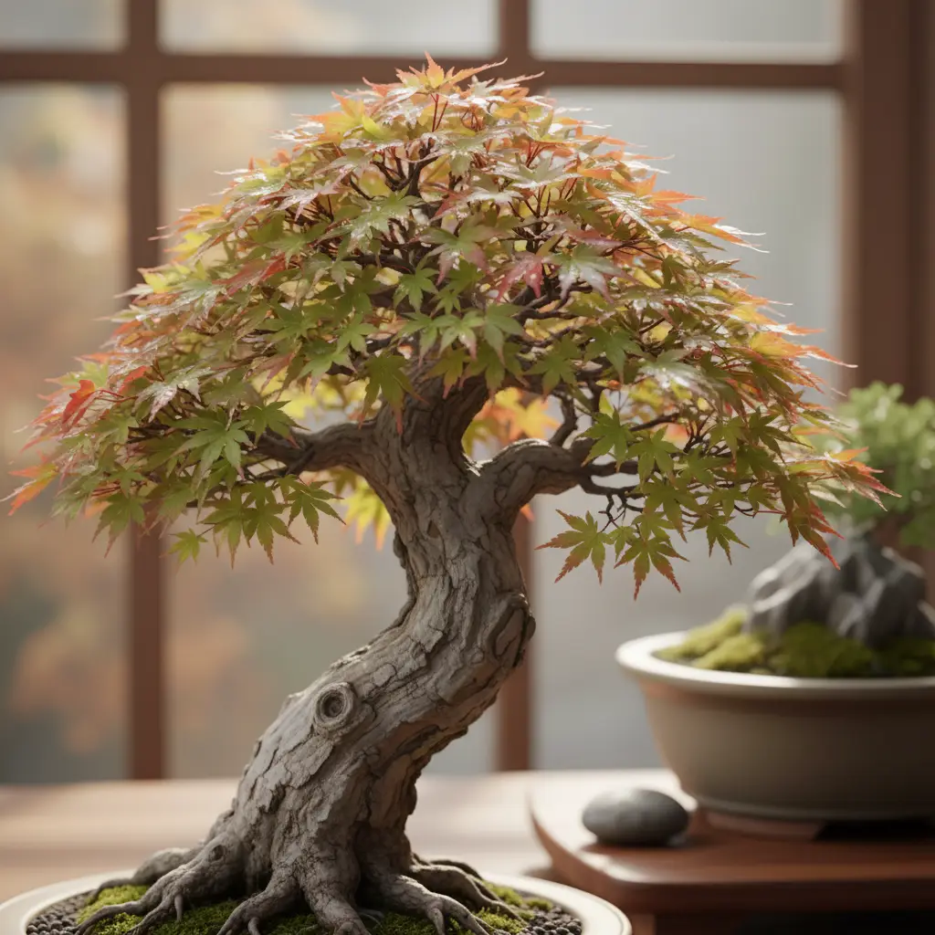 Bonsai tree perfectly illuminated by soft, natural light