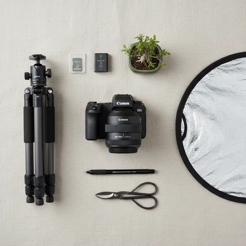 Photography gear for bonsai: camera, macro lens, tripod, reflector
