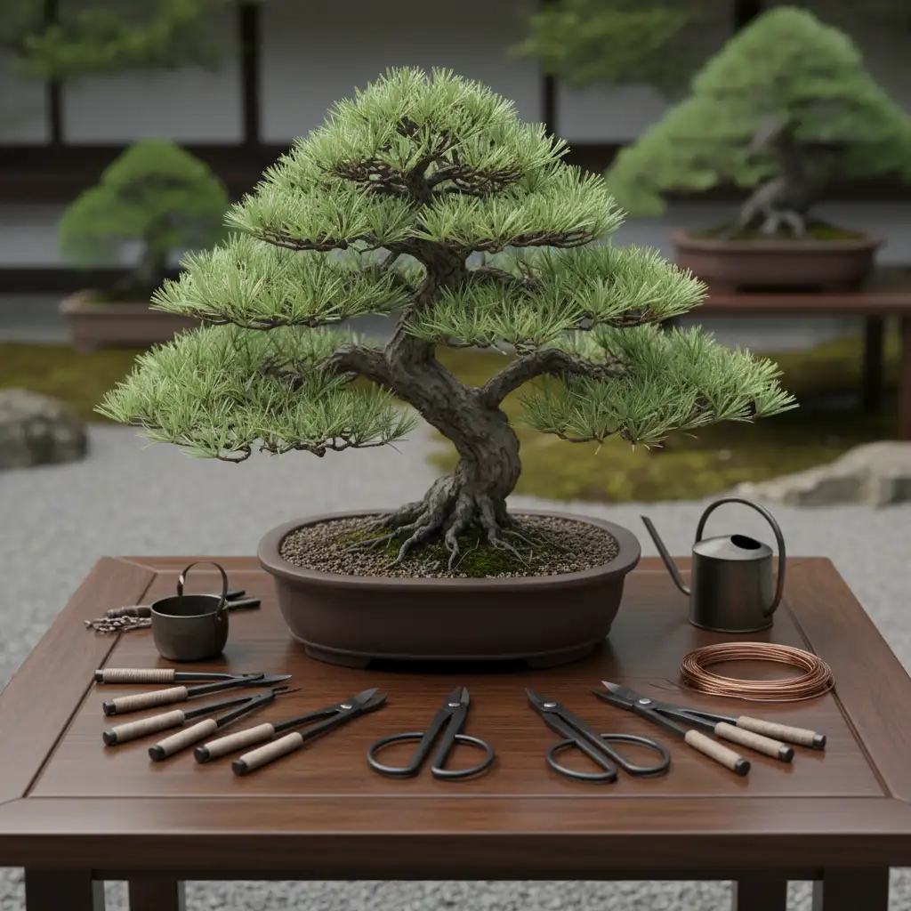 A beautifully styled bonsai tree with tools