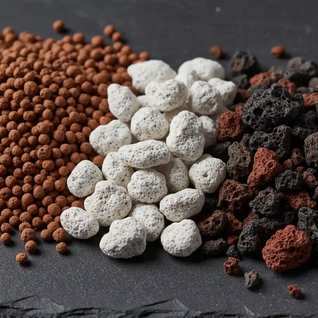 A close-up of different bonsai soil components