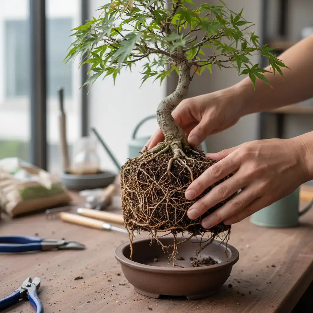 Repotting Your First Bonsai Tree - Hands gently removin