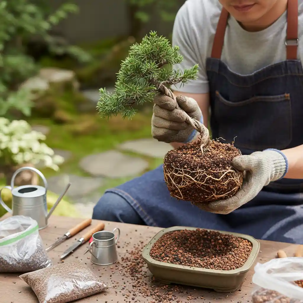 Understanding Bonsai Soil Mixes - Person repotting a s