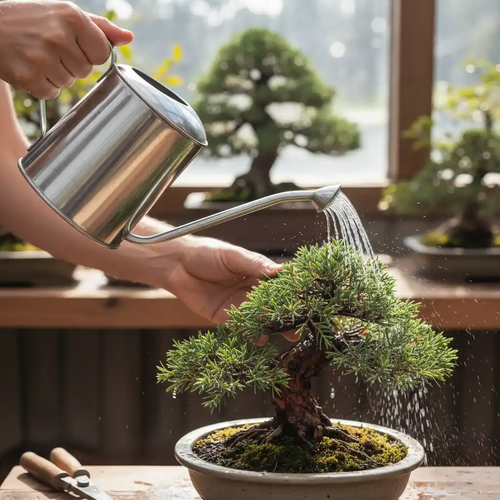 Caring for Juniper Bonsai: Advanced Techniques - A person watering a