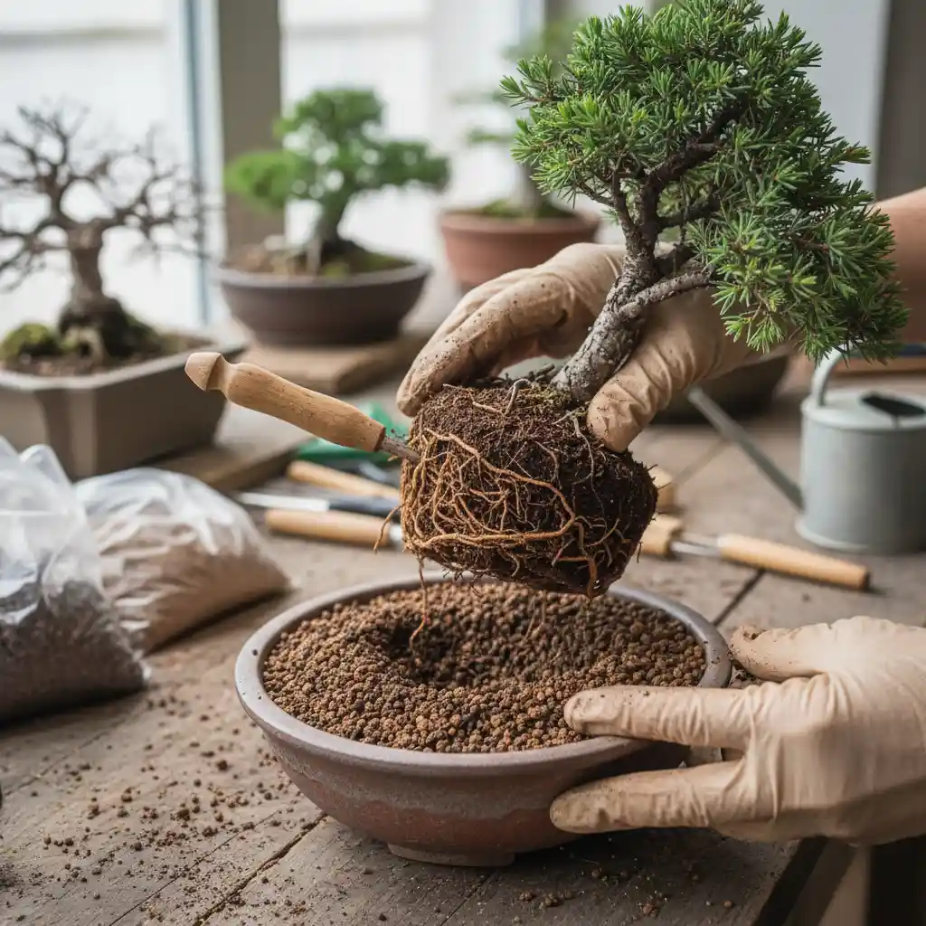 Crafting the Perfect Bonsai Soil Mixes - A person gently repo