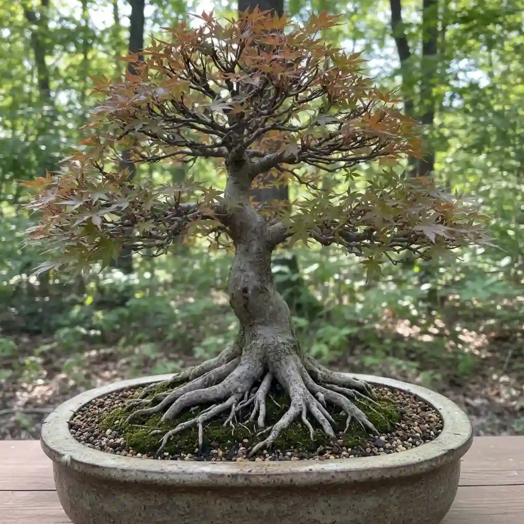 A bonsai tree with a well-developed nebari, featuring roots spreading outward from the trunk base.