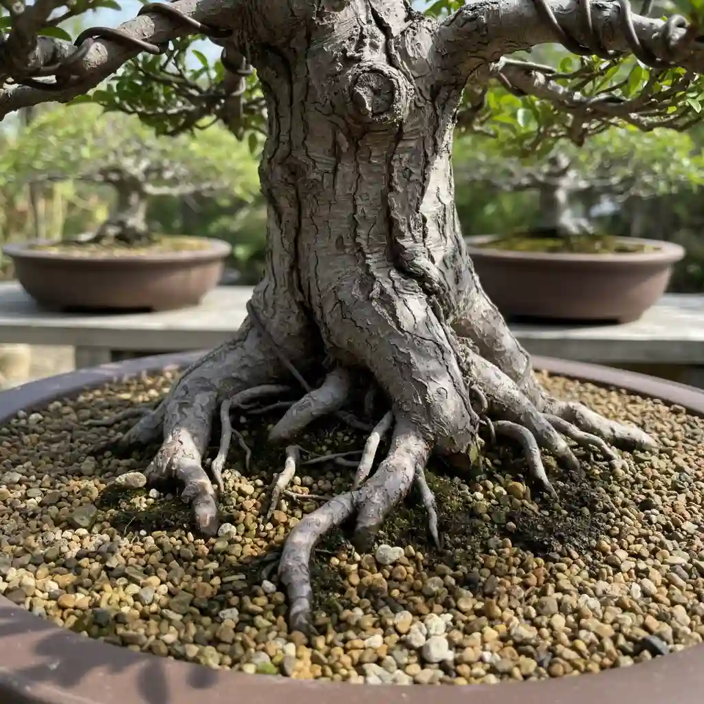 Close-up of a bonsai trunk base with uneven or sparse surface roots, illustrating a common nebari development challenge.