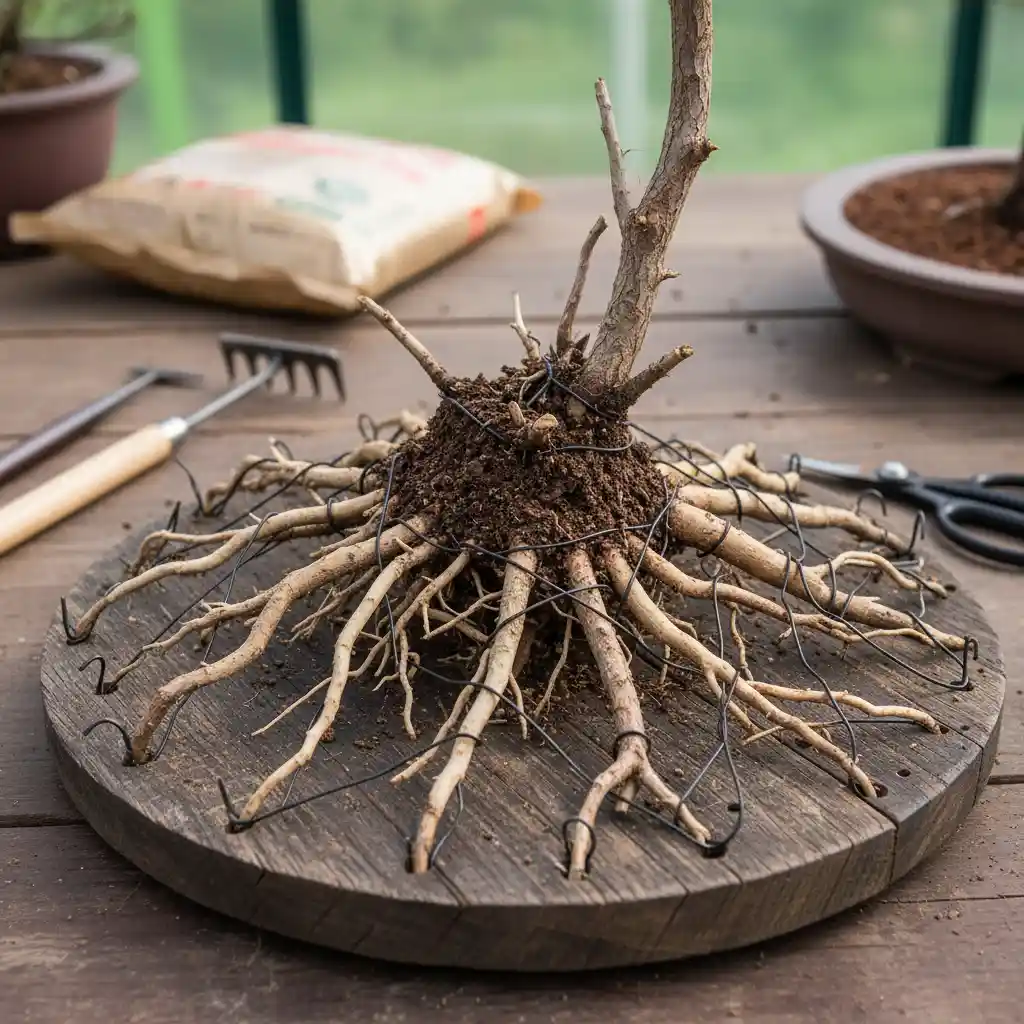Bonsai root ball during repotting, with roots spread radially and secured by wires on a root board.