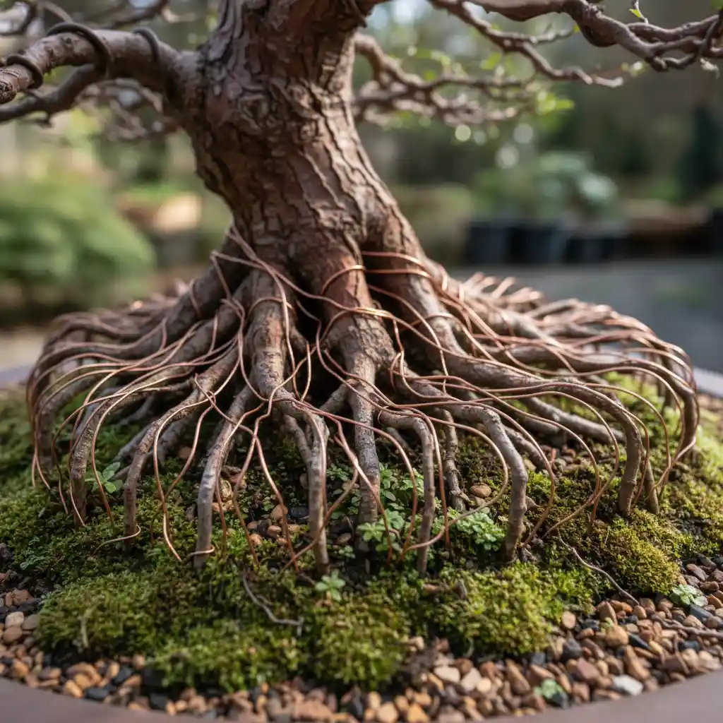 Bonsai nebari with thin wires delicately guiding surface roots into a more desirable radial pattern.