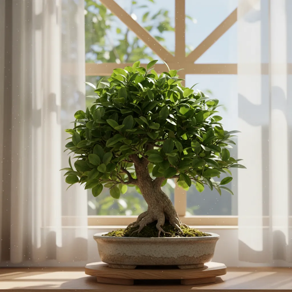 Ficus bonsai tree placed near a bright window with dappled sunlight