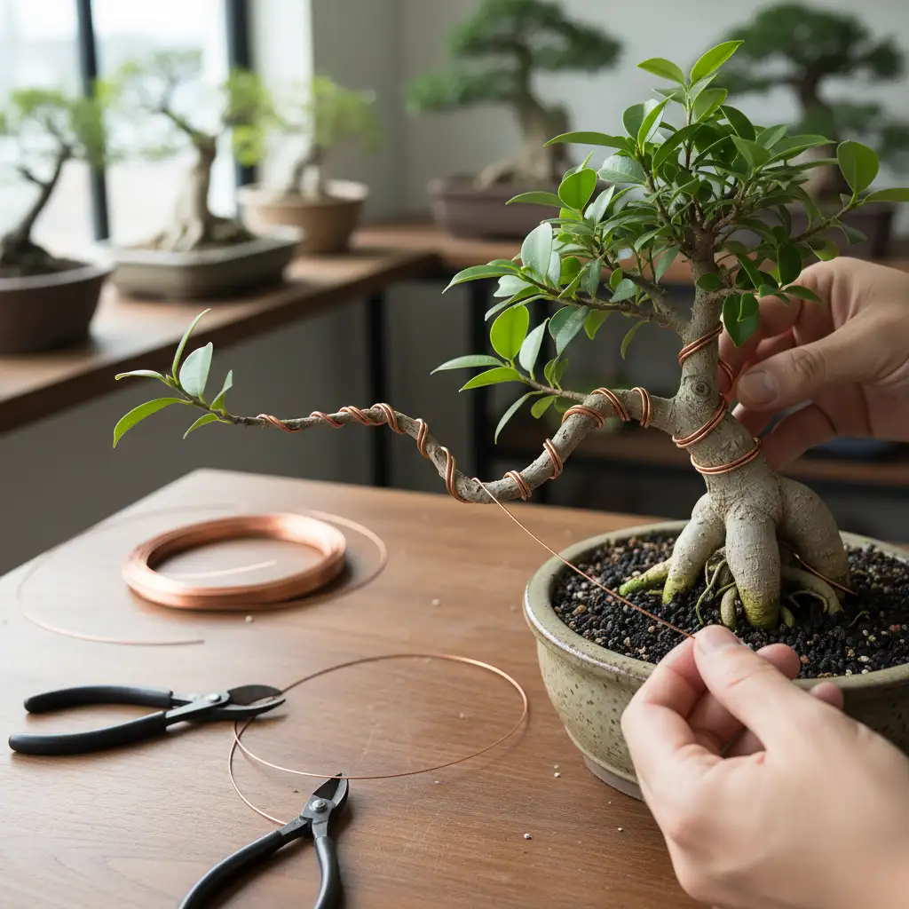 Ficus bonsai being wired by hands