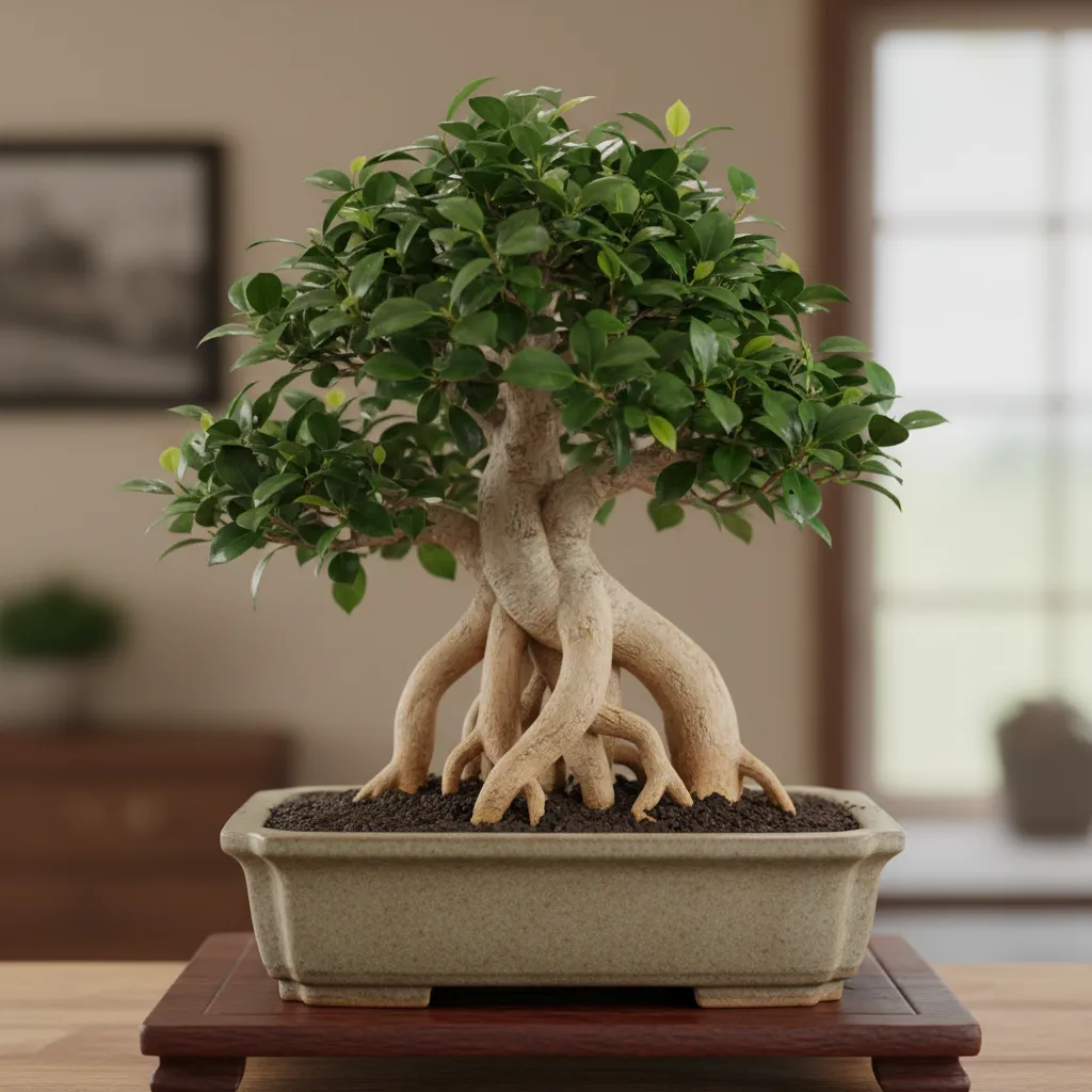 Close up of a beautiful Ficus retusa (Ginseng Ficus) bonsai