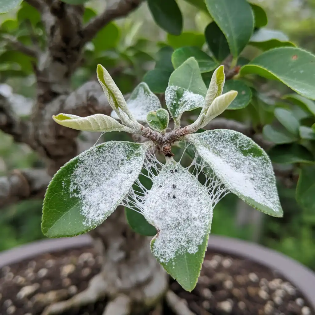 Close-up of a bonsai showing signs of powdery mildew