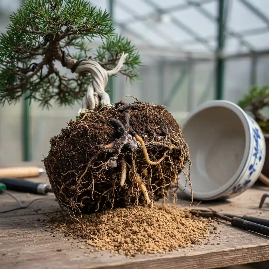 Bonsai tree removed from its pot showing signs of root rot