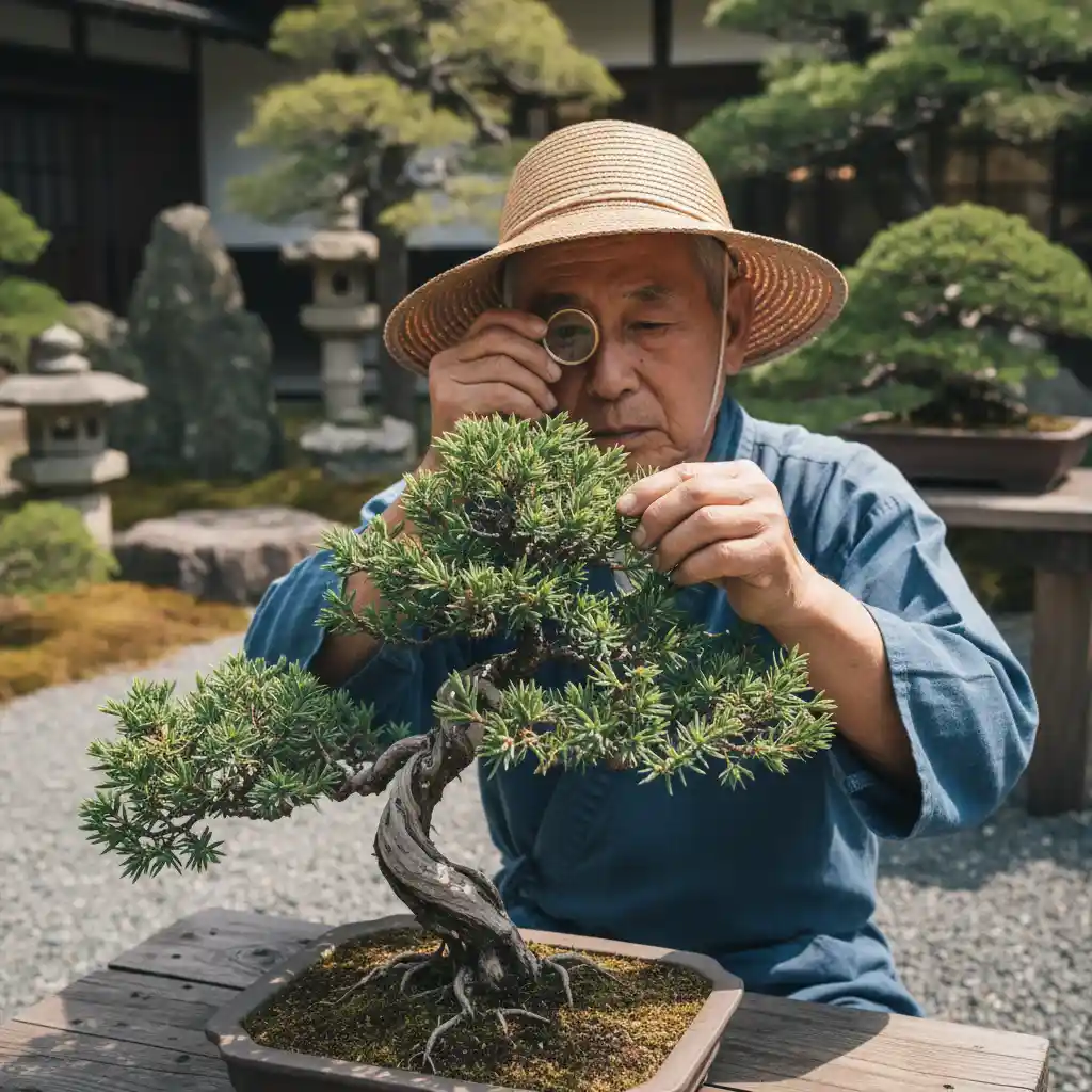 A gardener carefully inspecting a bonsai tree