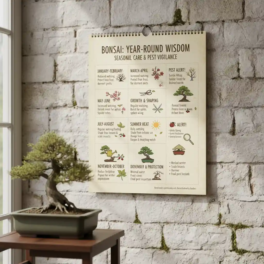 A calendar showing seasonal care for bonsai