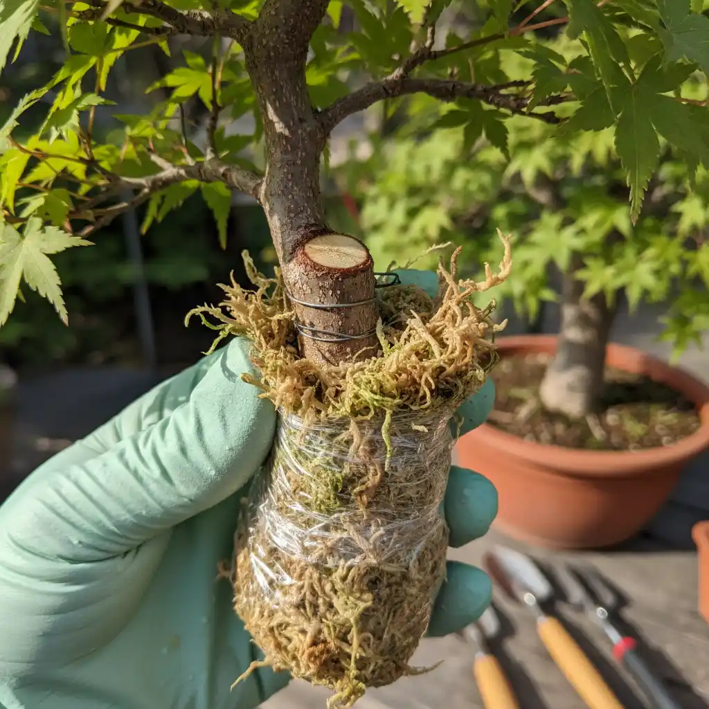Air Layering for New Bonsai Trees - Close-up of sphagnum