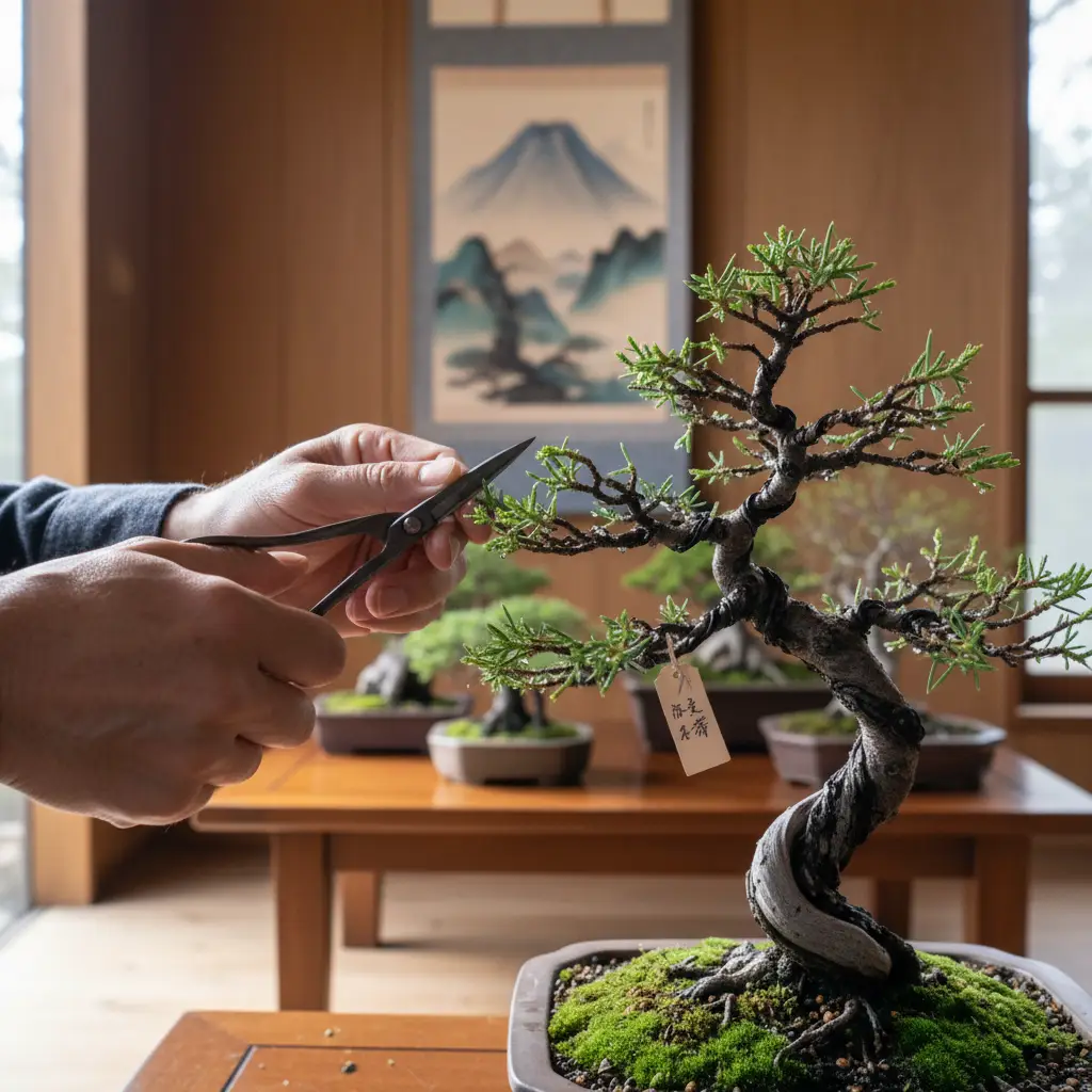 Pruning for Bonsai Shape and Health - A person's hands del