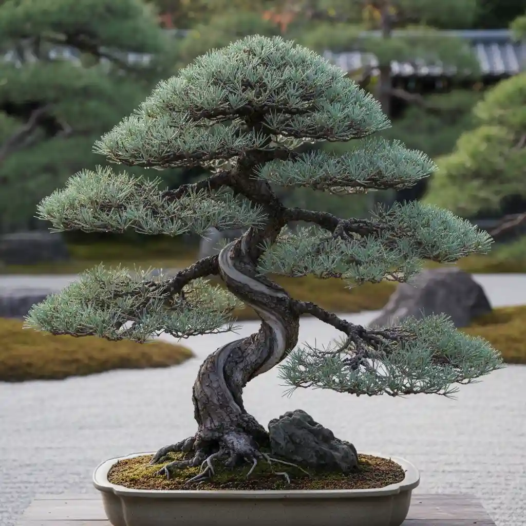 Bonsai tree with a strong, balanced composition, focusing on harmony and negative space