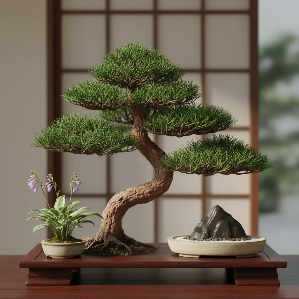 Bonsai display with accent plant and stone
