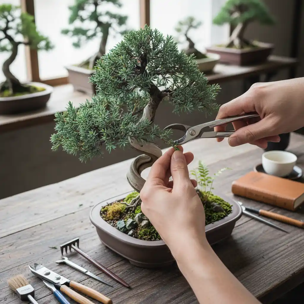 Caring for Juniper Bonsai: A Comprehensive Guide - Hands carefully prun