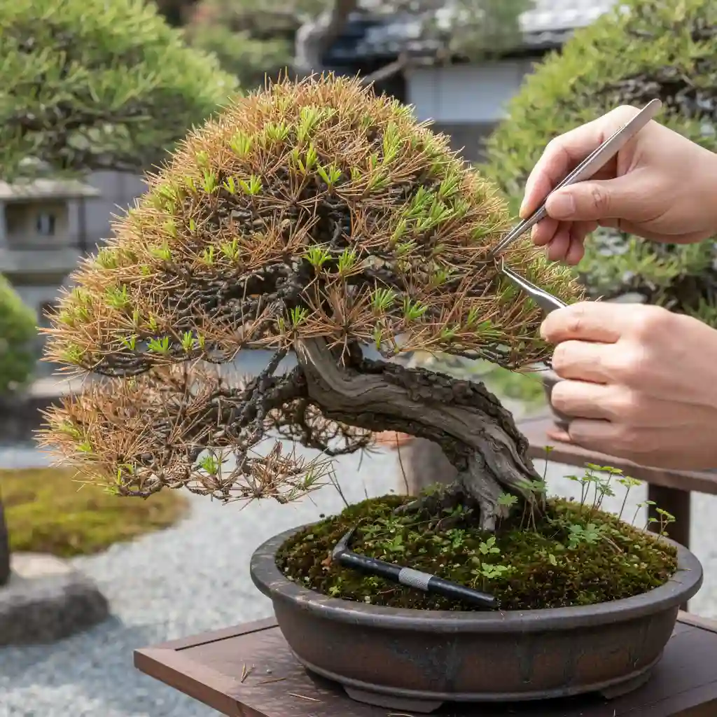 Pine Bonsai: Needles, Candles, and Advanced Techniques - Hands carefully pluc