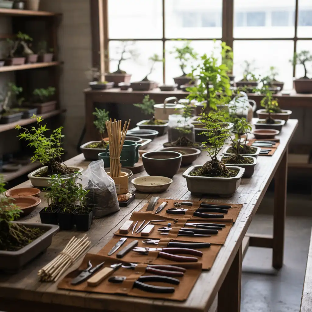 Bonsai Workshops for Beginners: Where to Learn - A table covered with