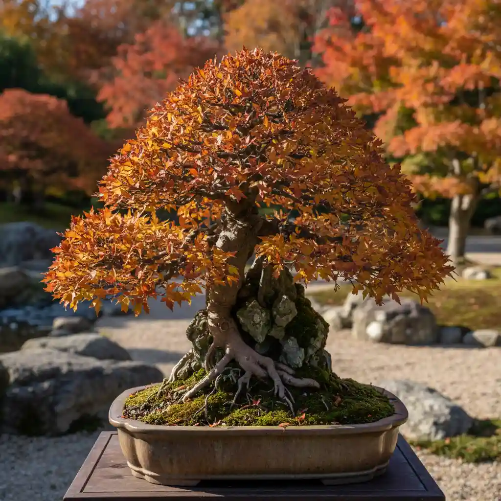 Outdoor Chinese Elm bonsai in a garden setting during autumn