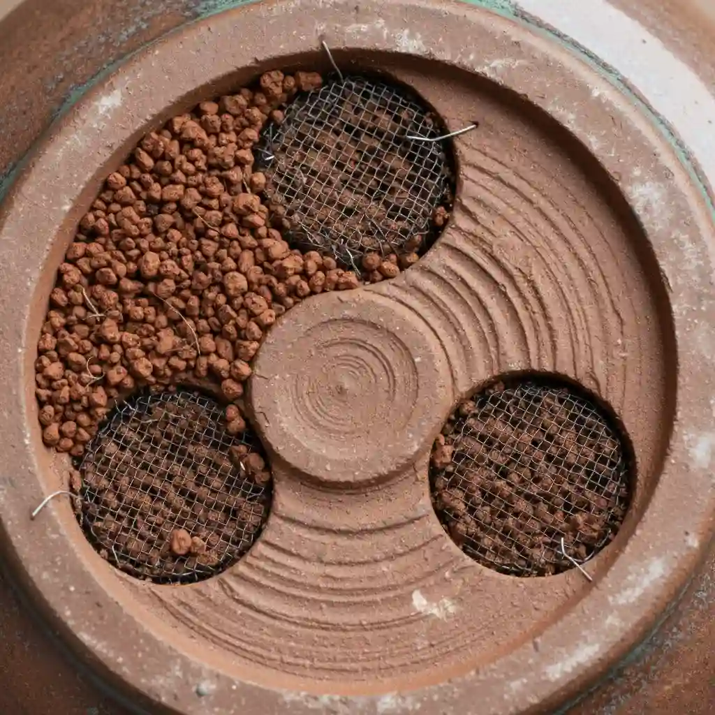 Bonsai pot with drainage screens and coarse soil layer