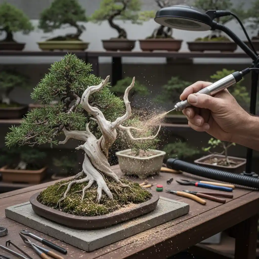 Advanced Bonsai Carving & Shaping Methods - A skilled hand using a power carving tool on bonsai