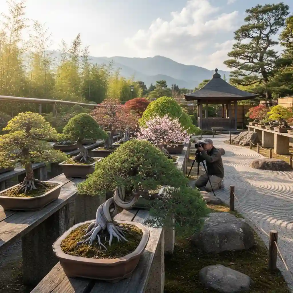 Serene bonsai garden background