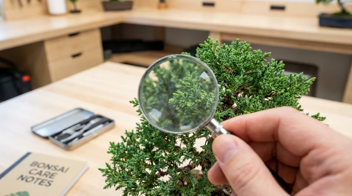 Inspecting bonsai for pests