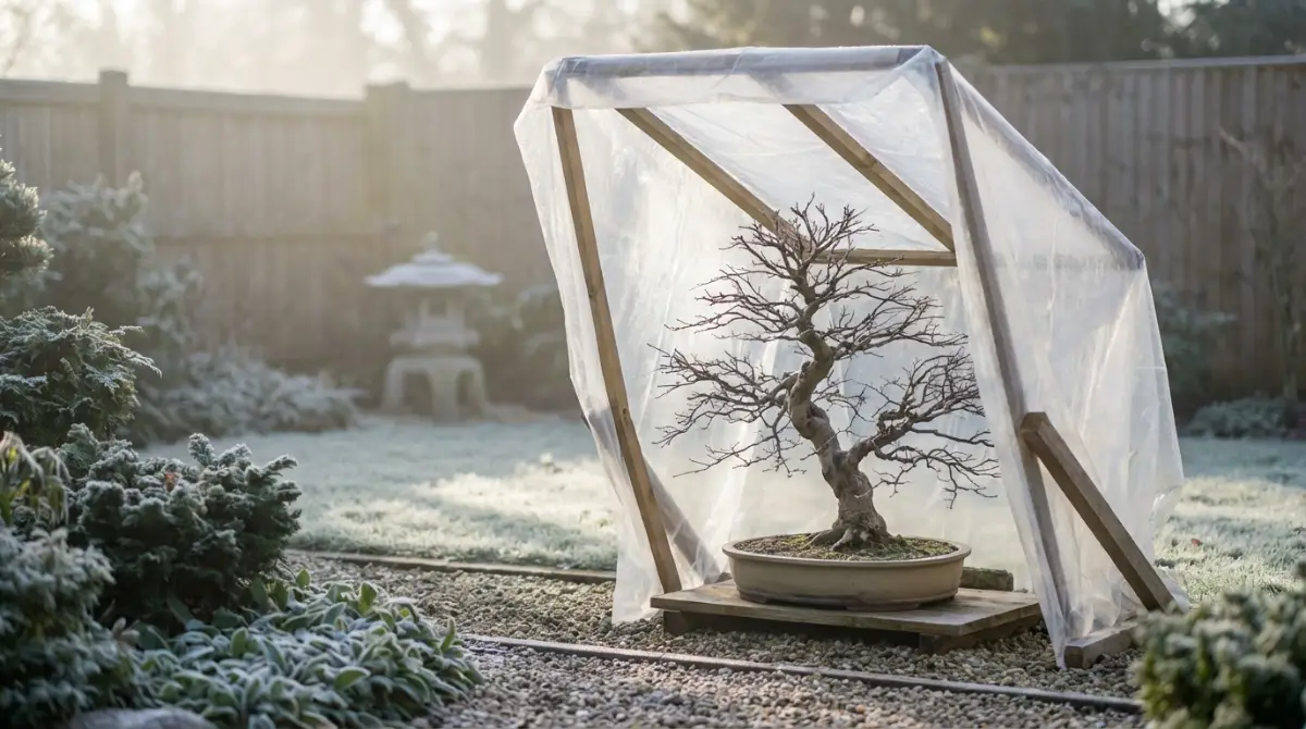Bonsai protected from winter frost in Southern Hemisphere