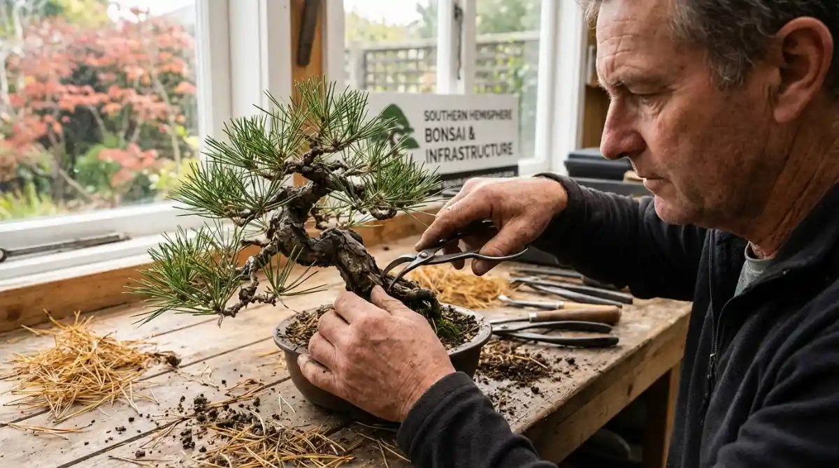 Bonsai artist pruning pine in autumn