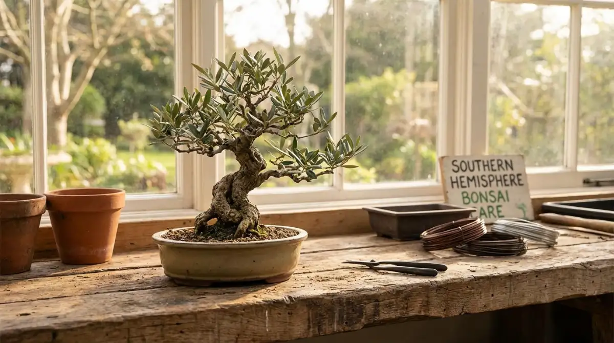 Bonsai tree on ergonomic simple bonsai bench