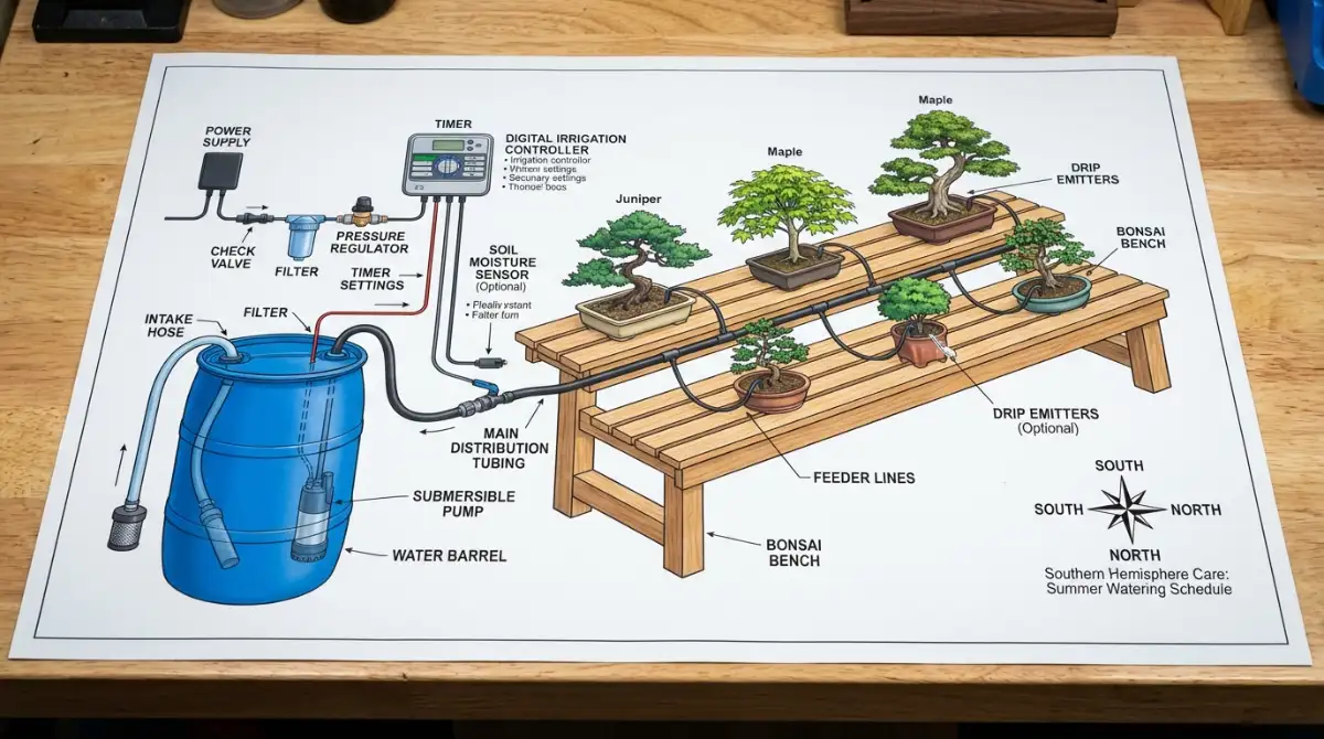 Diagram of an automated bonsai watering system layout