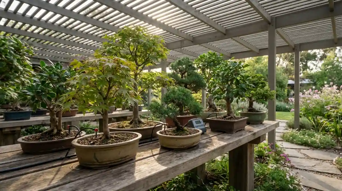 Well-maintained bonsai collection with automated watering