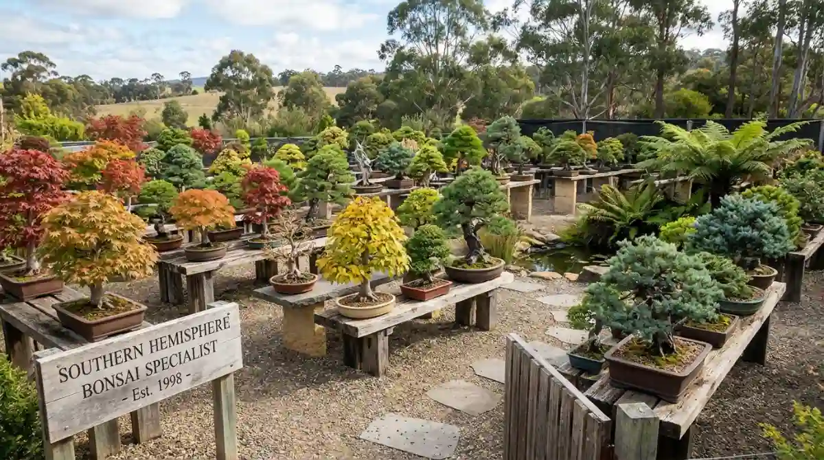 Diverse bonsai collection in Southern Hemisphere garden