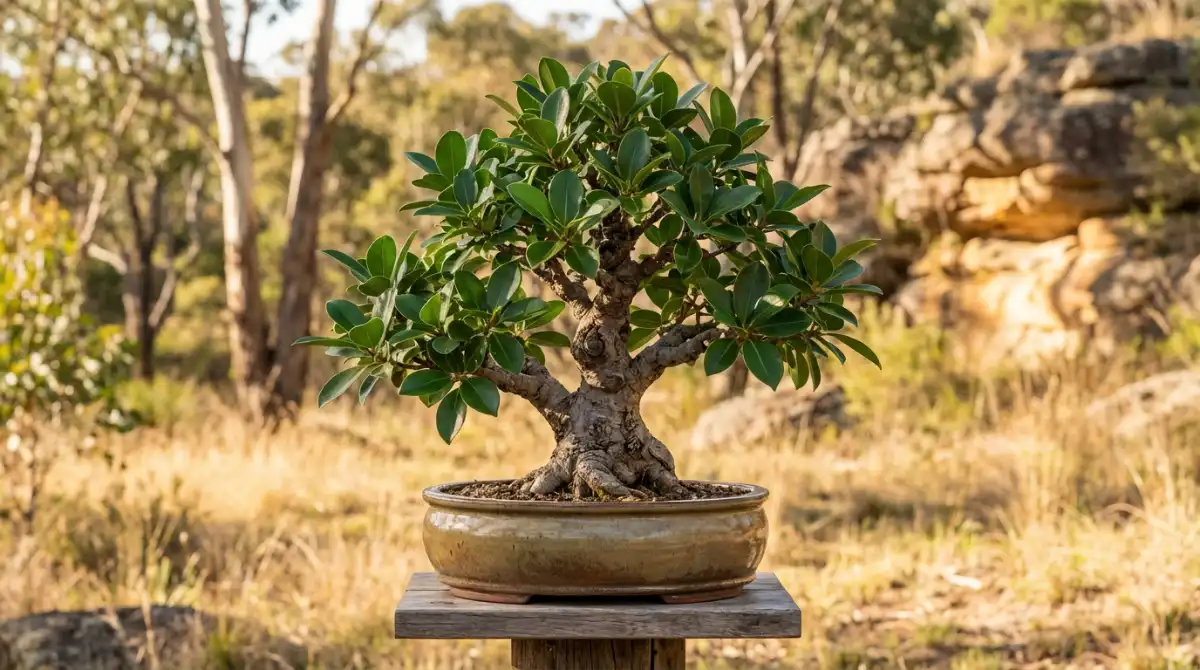 Australian native bonsai in a ceramic pot, showcasing unique care needs and resilience