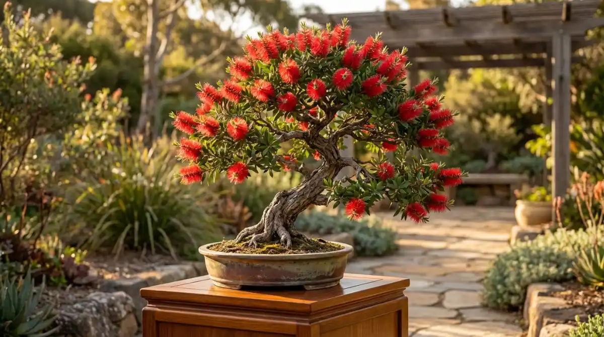 Callistemon bonsai in full bloom during summer care