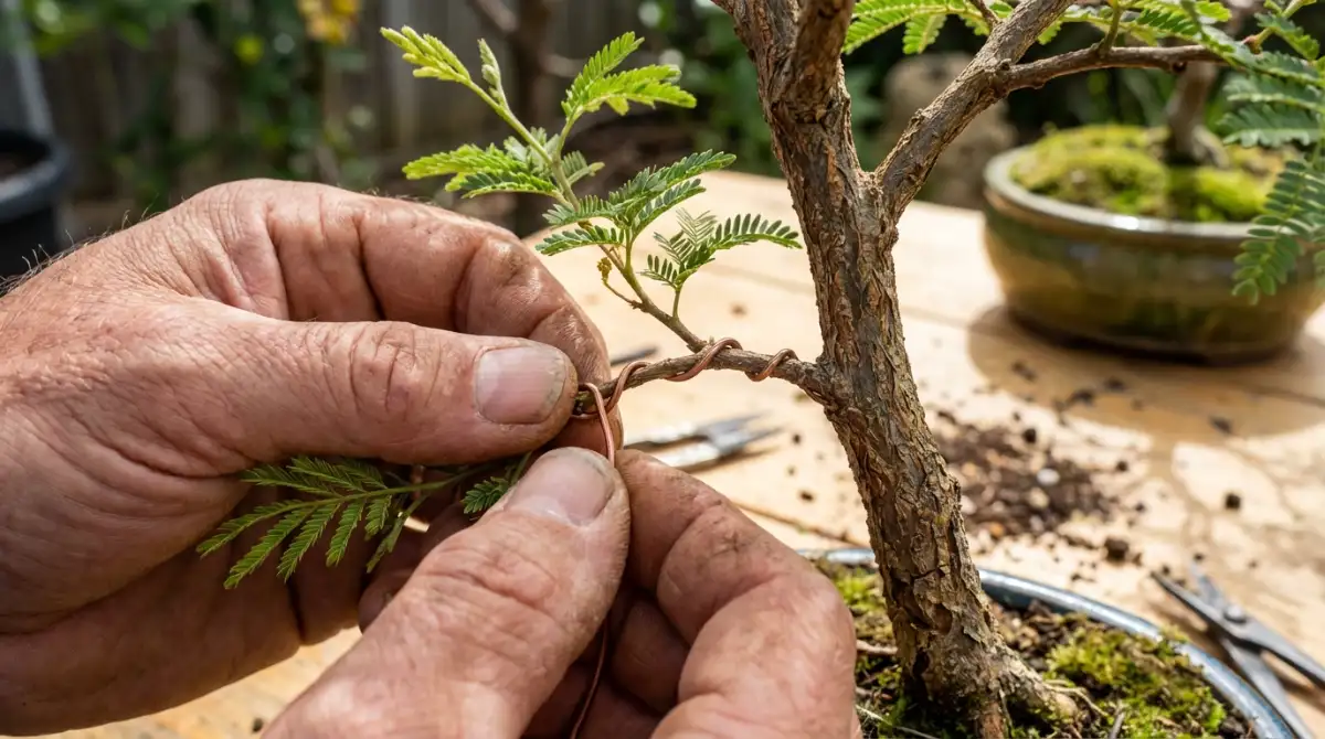 Acacia bonsai pruning and wiring techniques