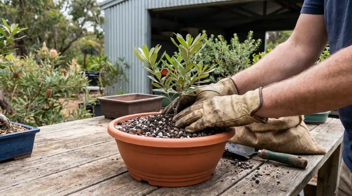 Banksia sapling repotting for initial training