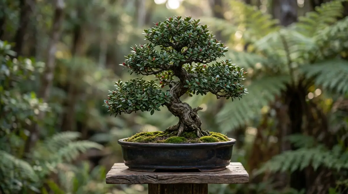 Pohutukawa bonsai tree in a pot, demonstrating excellent pohutukawa bonsai care and styling