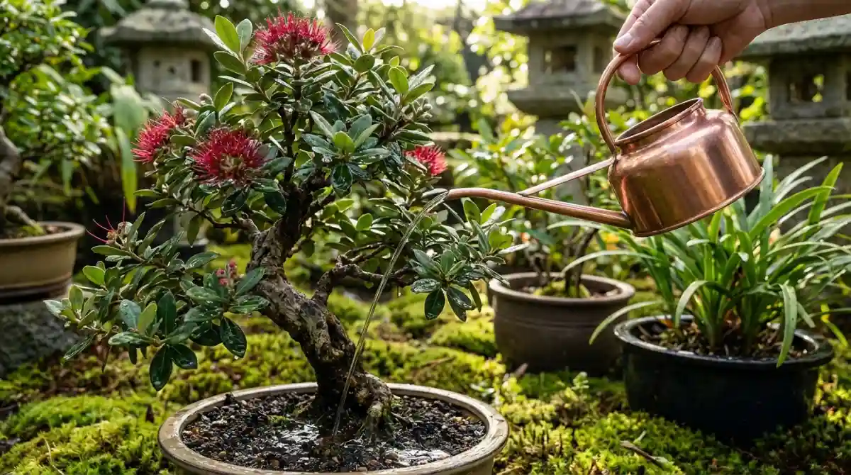 Watering a Pohutukawa bonsai with care, crucial for pohutukawa bonsai care